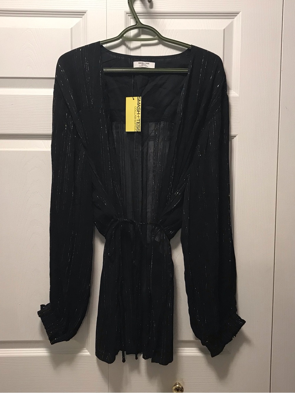 Smash + Tess Black Metallic-Thread Long Sleeve Tie-Waist Dress